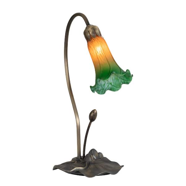 Pond Lily 16 in. Mahogany Bronze Novelty Victorian Mini Table Lamp with Amber and Green Glass Shade