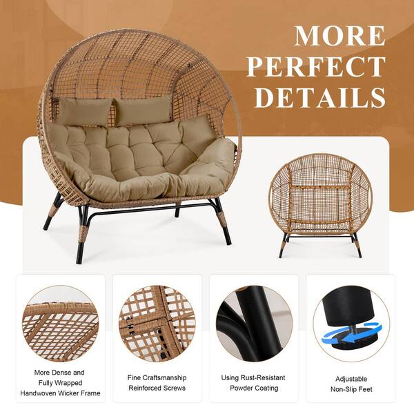 FINCATI 2-Person Brown Double PE Wicker Outdoor Lounge Egg Chair with Brown  Cushion and 2 Pcs Ottoman HD-2JTDY-B - The Home Depot