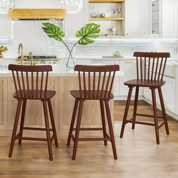 24 in. Brown Classic Windsor Back Contoured Seat Bar Stools Solid Wood Counter Height Barstools(Set of 3)