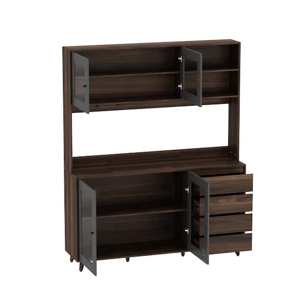 FUFU&GAGA Large Kitchen Pantry Cabinet Buffet with 4-Drawers Hooks Open Shelves and Glass Doors 63 in. W x 15.7 in. D x 76.8 in. H