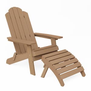 Teak Plastic Outdoor Patio Folding Adirondack Chair with Ottoman