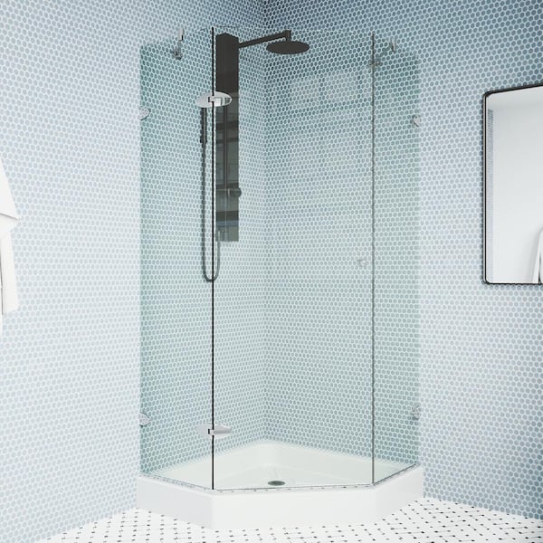 VIGO Verona 38 in. L x 38 in. W x 79 in. H Frameless Pivot Neo-angle Shower Enclosure Kit in Chrome with 3/8 in. Clear Glass
