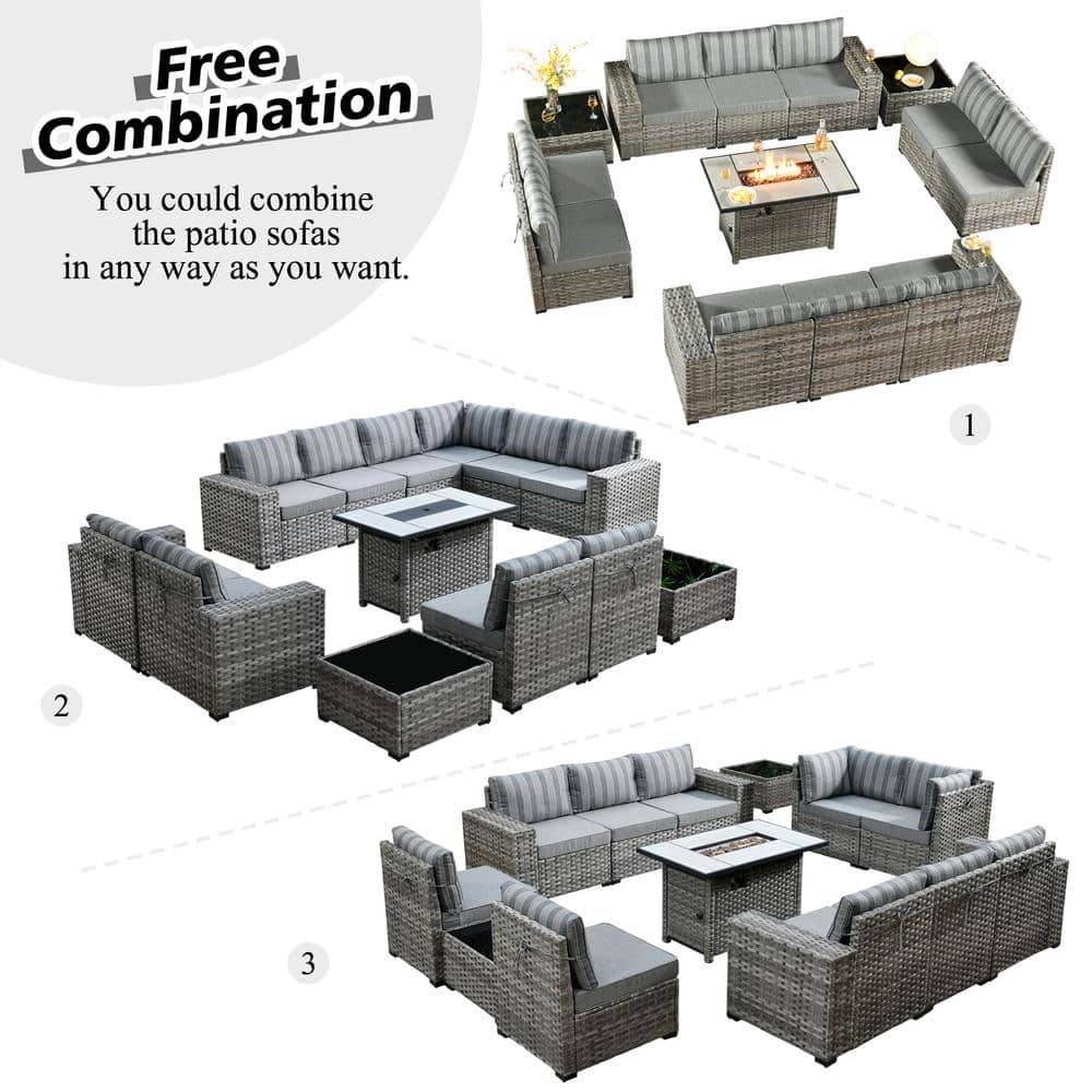 Marlton 13-Piece Gray Wicker Outdoor Sofa Set with Fire Pit