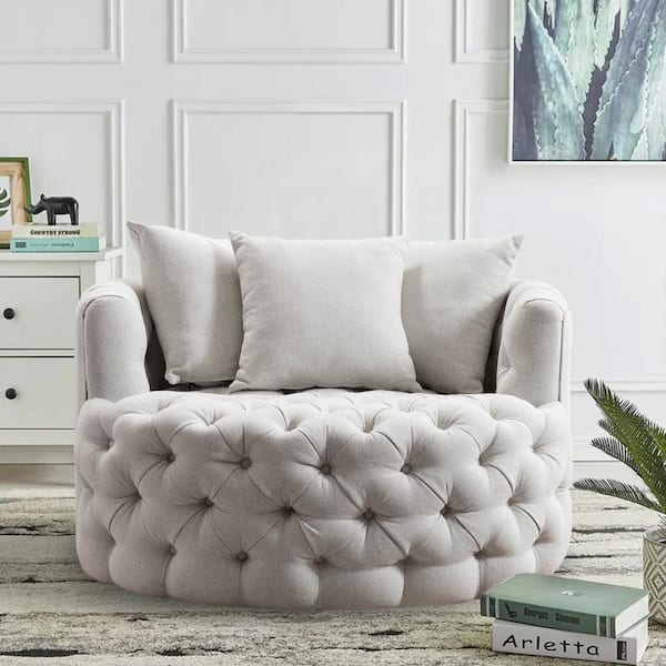 Tufted linen best sale swivel barrel chair