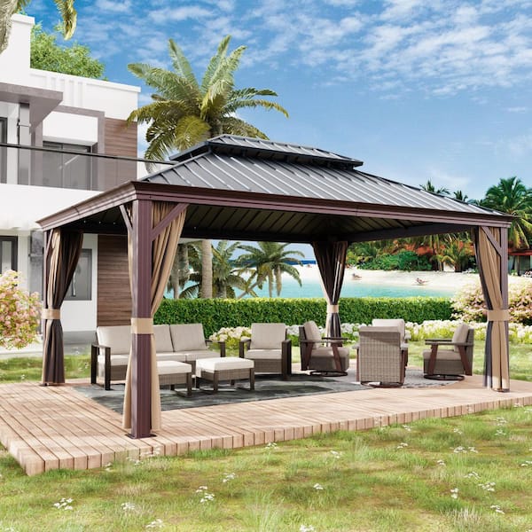 12 ft. x 16 ft. Outdoor Gazebo with Double Galvanized Steel Roof, Ceiling Hook, Black Mosquito Netting and Curtains