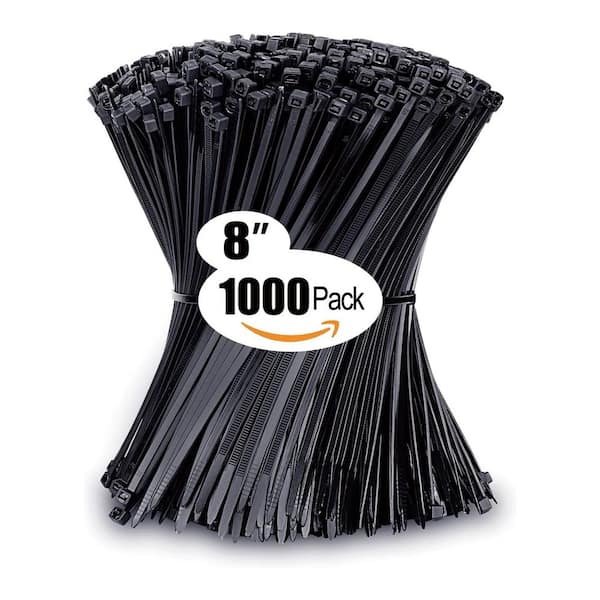 8 Inch Zip Ties 40 lb. Tensile Strength Wider Design Black Cable Ties Indoor Outdoor Use 1000 Pack