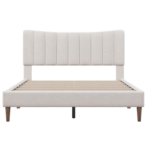 ATHMILE 84.2 in. W Cream Queen Upholstered Platform Bed Frame with Vertical Channel Tufted Headboard