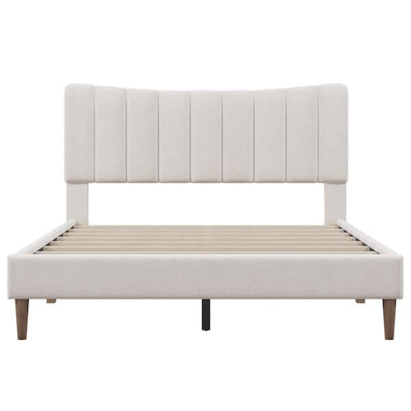 ATHMILE 84.2 in. W Cream Queen Upholstered Platform Bed Frame with Vertical Channel Tufted Headboard