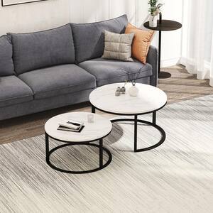 31 .5 in. Black Metal Frame Round with Wood Top Modern Nesting Coffee Table