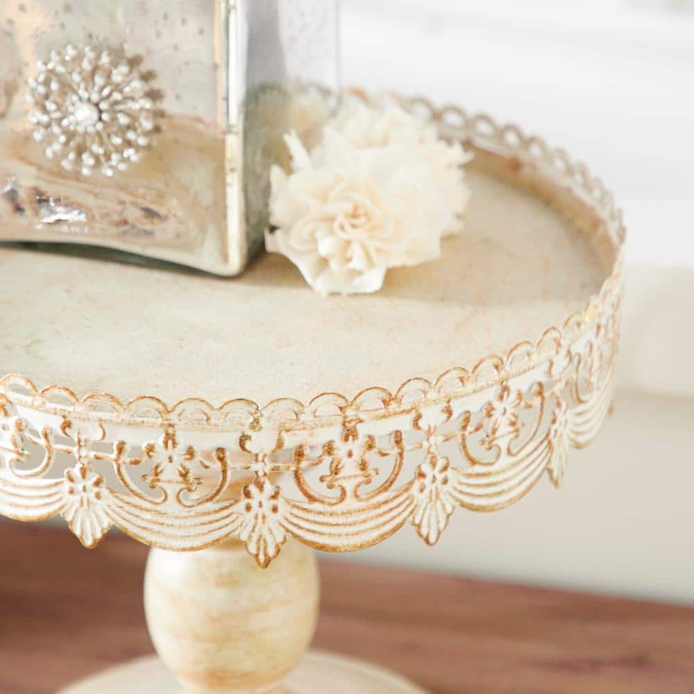 White Metal Lace Trim Pedestal Cake Stand, 10"