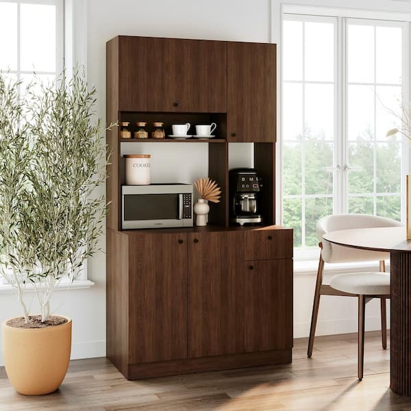 LIVING SKOG Scandi Brown Particle Board 36.54 in. Pantry Kitchen Storage Cabinet Buffet with Hutch for Microwave with Drawers