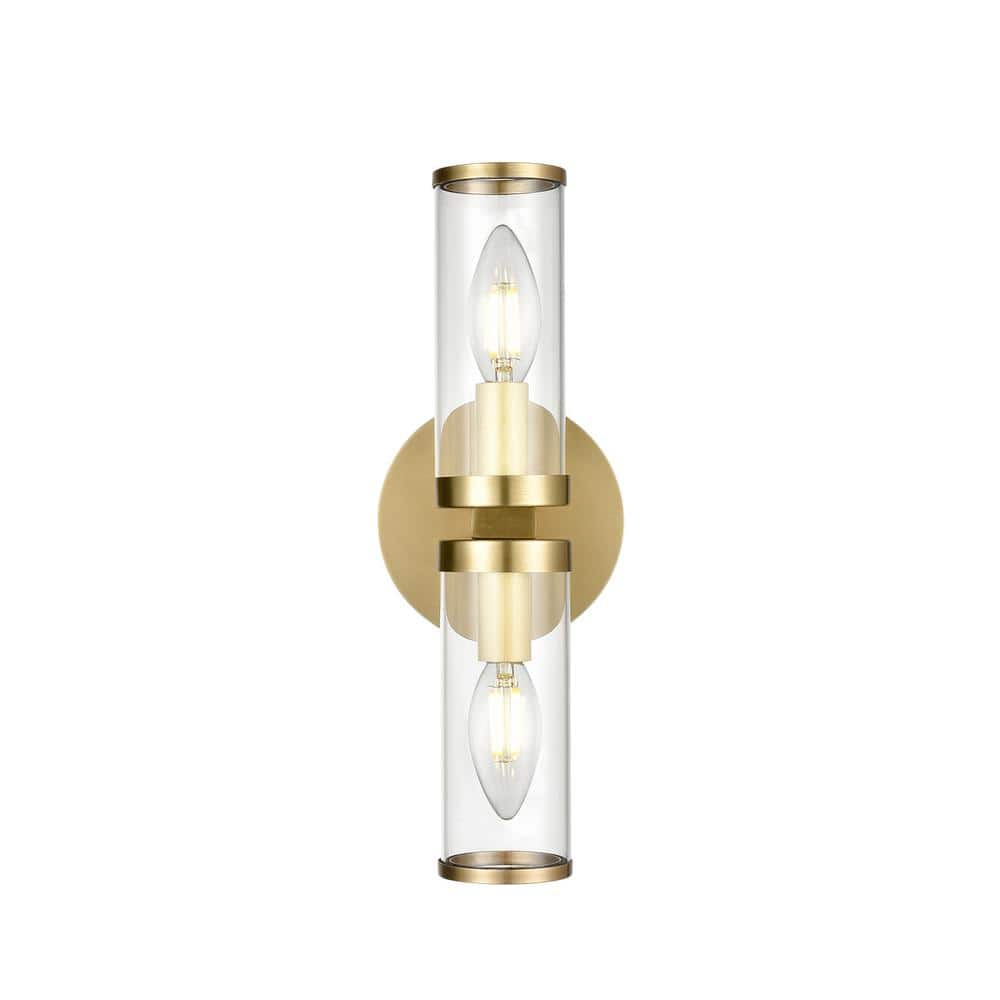 Natural Brass and Clear Glass Cylinder Wall Sconce
