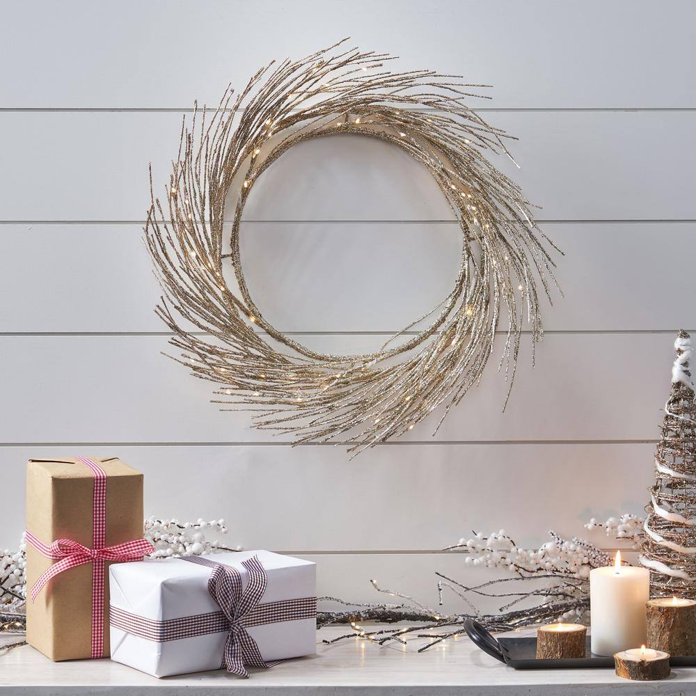 24" Champagne Glitter Pre-Lit LED Artificial Christmas Wreath
