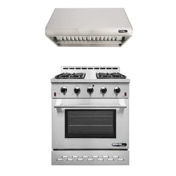 NXR Entree Bundle 30 in. 4.5 cu. ft. Pro-Style Gas Range with Convection Oven and Range Hood in Stainless Steel and Black