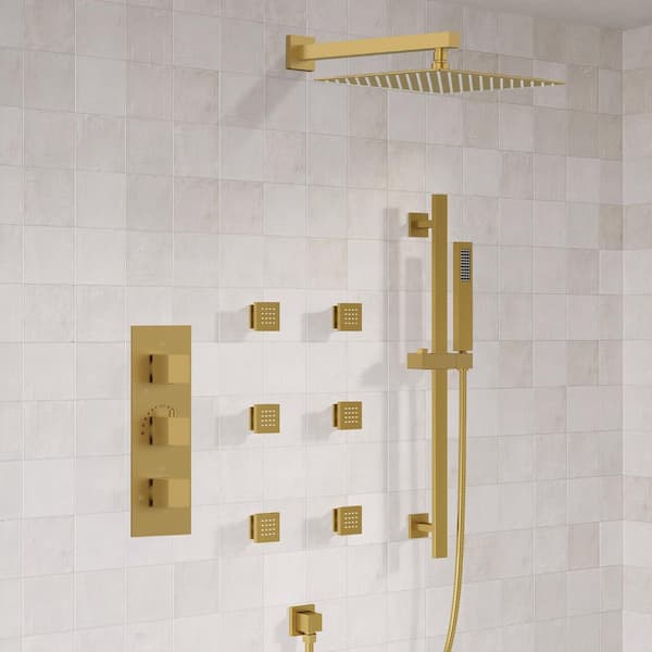 Thermostatic 3-Handle 12 in. Shower Faucet 2.5 GPM with 5-Spray Patterns 6-Jets in Brushed Gold (Valve Included)