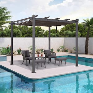 10 ft. x 10 ft. Gray Outdoor Retractable Modern Yard Metal Grape Trellis Pergola with Canopy for Garden Grill - Gray