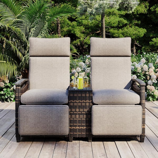 Adjustable Backrest Wicker Outdoor Recliner with Brown Cushions, Built-in Storage Table