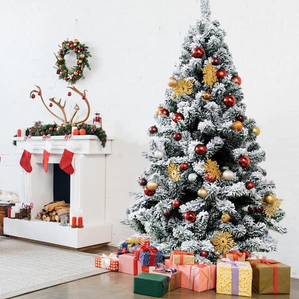 Suncrown 7 ft. Snow Flocked Artificial Christmas Tree with 1100 ...