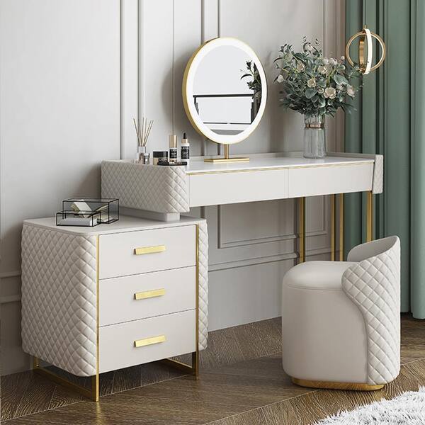 3-Piece Modern Luxury 31.5 in. White Makeup Vanity Set Sintered Stone Dressing  Table with Stool and LED Lighted Mirror Vanity Set-047 - The Home Depot