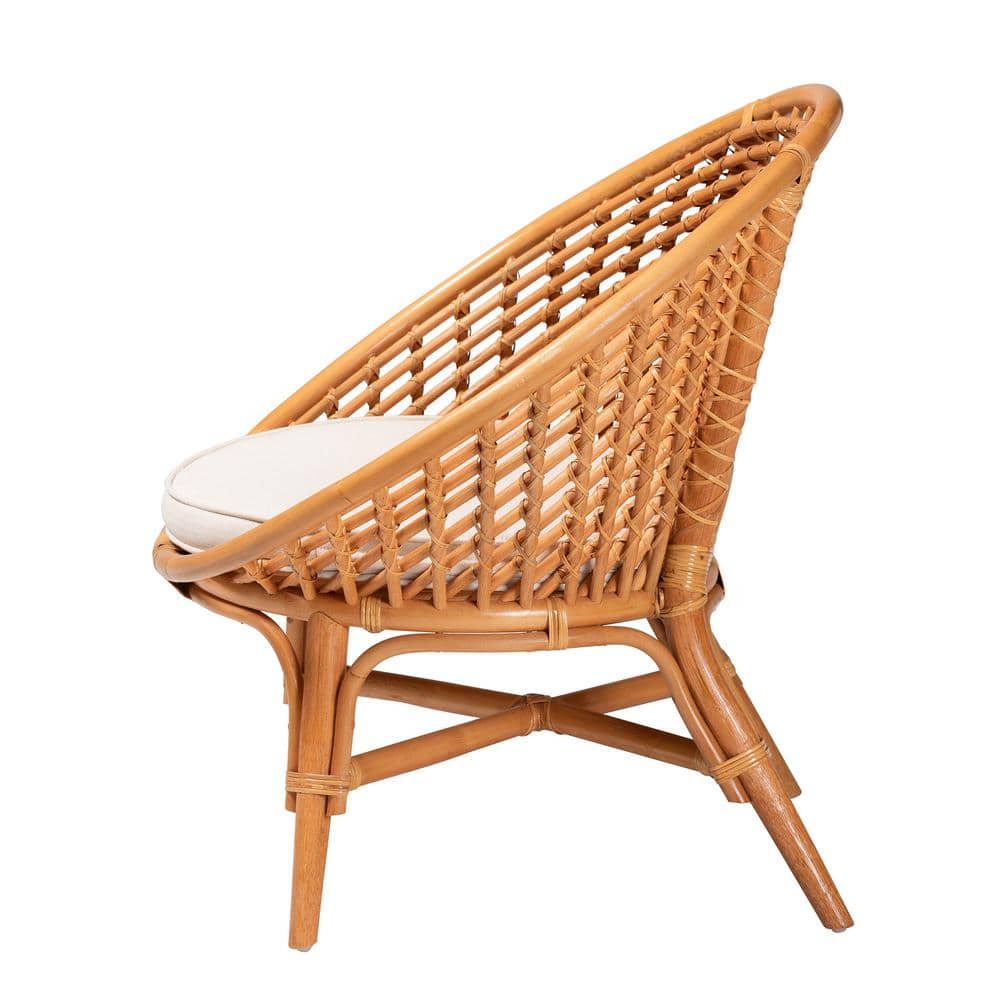 Handcrafted Natural Rattan Bohemian Accent Chair with White Cushion