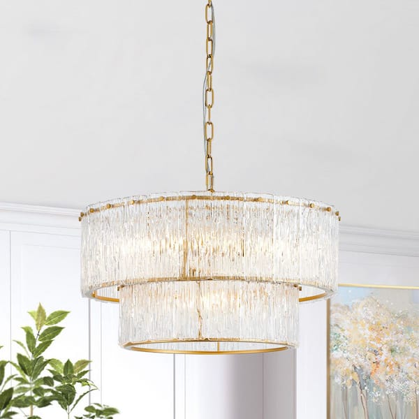 5-light Painted Gold Modern 2-Tiered Chandelier with Textured Glass Shade