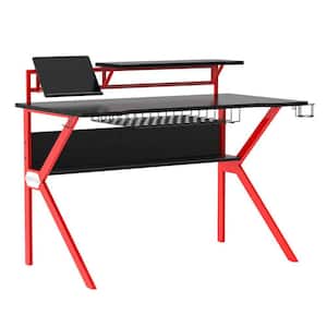 Liv 54 in. Rectangular Black and Red Wooden Ergonomic Gaming Desk with Metal Frame and 1 Bottom Shelf