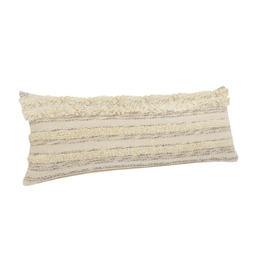 Cream and Gray Rectangular Luxury Throw Pillow with Gold Thread, 14 x 36 inches