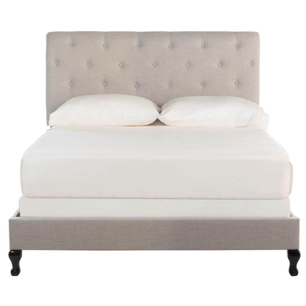 Transitional Beige Linen Full Platform Bed with Tufted Nailhead Headboard