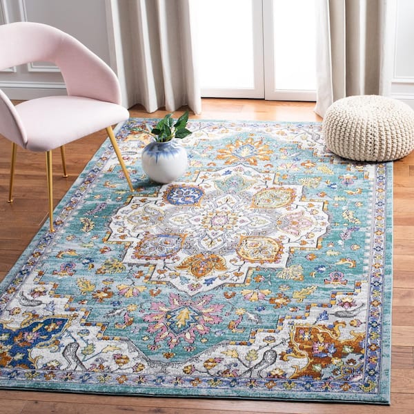 Aria 9 ft. x 12 ft. Turquoise/Ivory Border Floral Area Rug