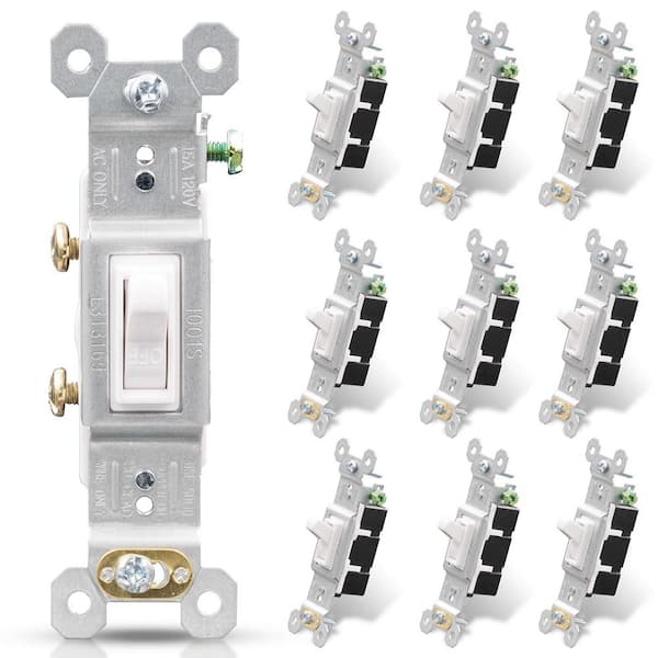 15 Amp Single-Pole Toggle Light Switch, With Midway Wall Plate White (10-Pack)