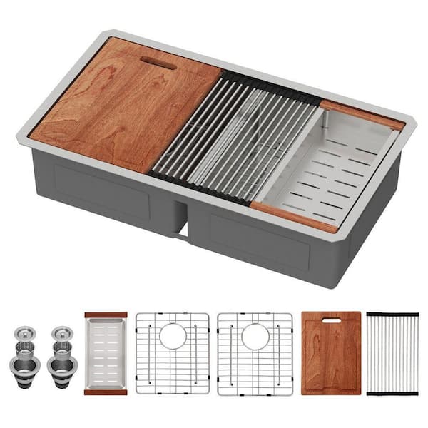 36 in. Undermount Workstation Sink with Low Divide Double Bowl 50/50 Brushed 16-Gauge Stainless Steel Kitchen Sink