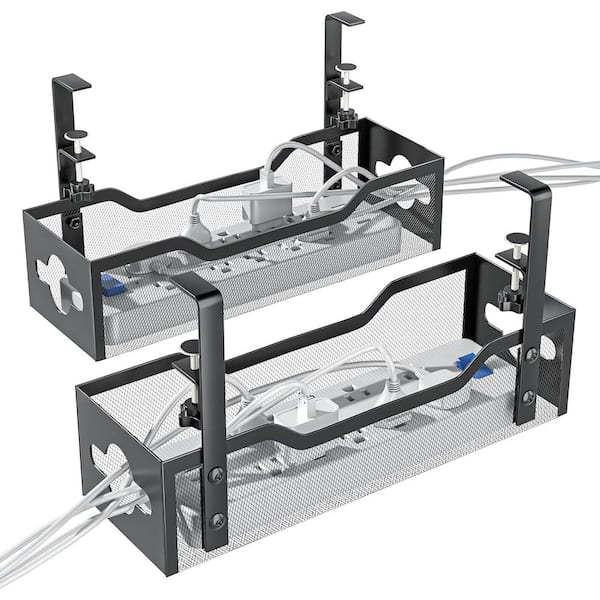 13.38 in. Extendable Metal Under Desk Cable Management Tray, Retractable Power Strip Holder with Clamp, 2-Pack, Black
