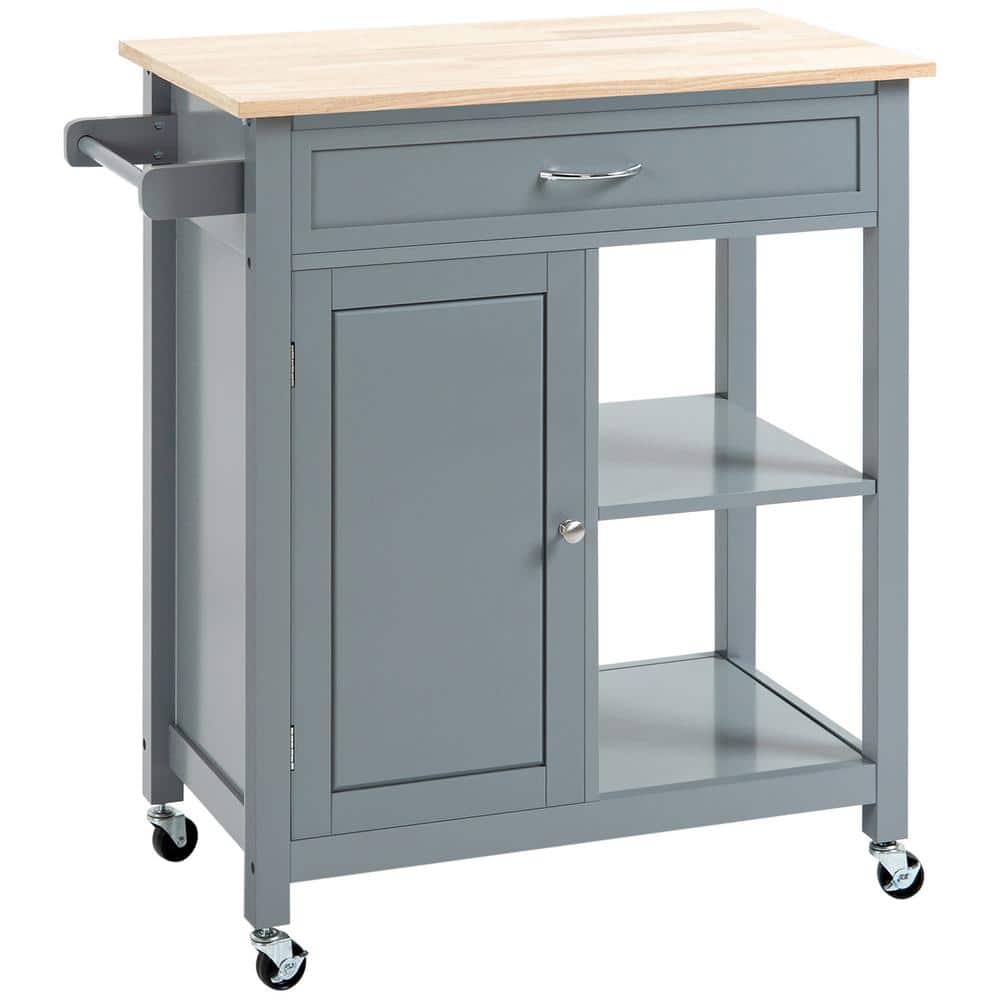 Gray Wood 32.8 in. Kitchen Island on Wheels with Storage Shelf, Solid Wood 