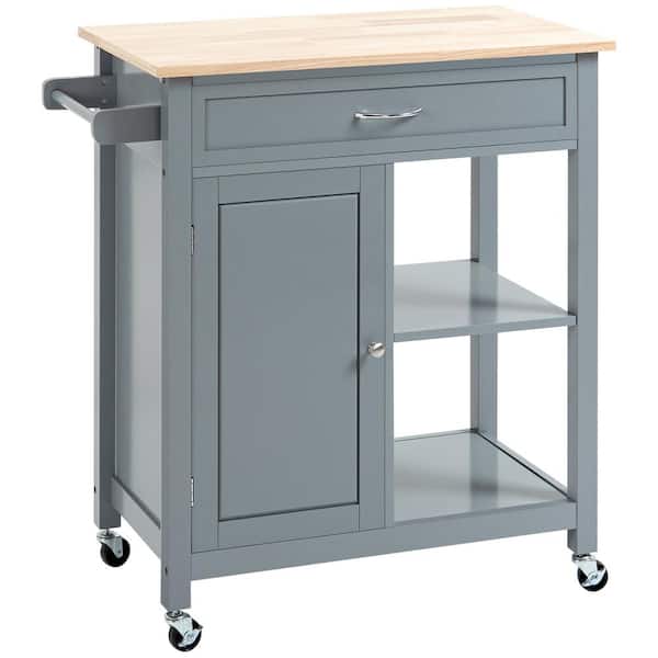 Unbranded Gray Wood 32.8 in. Kitchen Island on Wheels with Storage Shelf, Solid Wood Top, Drawer