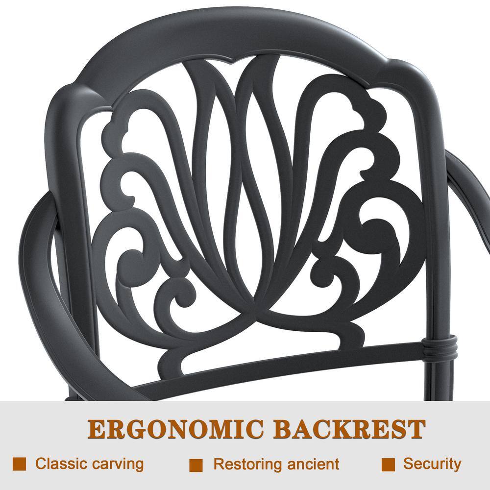 Matte Black Cast Aluminum Dining Chairs with Cushions, Set of 6