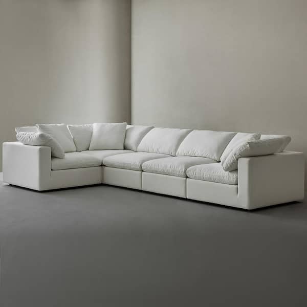 Modern 157 in. Wide Square Arm Linen Fabric L-Shaped Sectional Sofa Combination Sofa 5 Seats in. Pearl White