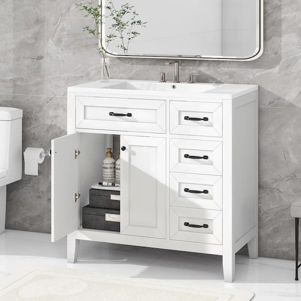 35.5 in. W x 17.7 in. D x 35 in . H Bathroom Vanity in White Solid Frame Bathroom Cabinet with Ceramic Basin Top