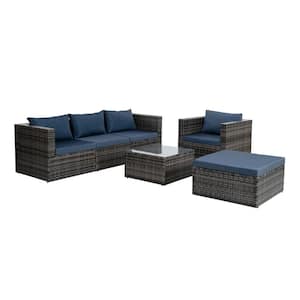 Dark Gray 6-Piece Wicker Outdoor Patio Conversation Set With Tempered Glass Coffee Table and Navy Blue Cushions