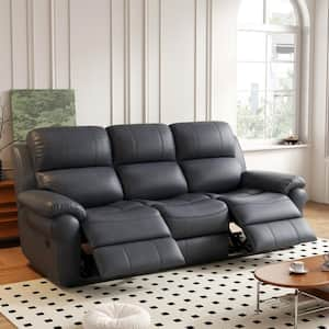 83 in. W Round Arm Faux Leather Rectangle Power Reclining Sofa in. Blue with Cup Holders, Wireless Charger, Magazine Bag