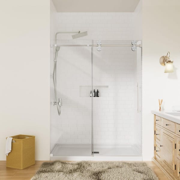 60 in. W x 72 in. H Single Sliding Frameless Shower Door in Brushed Nickel with 5/16 in. Tempered Clear Glass