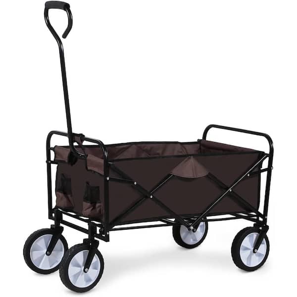 Unbranded 4.71 cu. ft. Steel Garden Cart Rolling Collapsible Camping Wagon w/360-Degree Swivel Wheels & Adjustable Handle in Brown