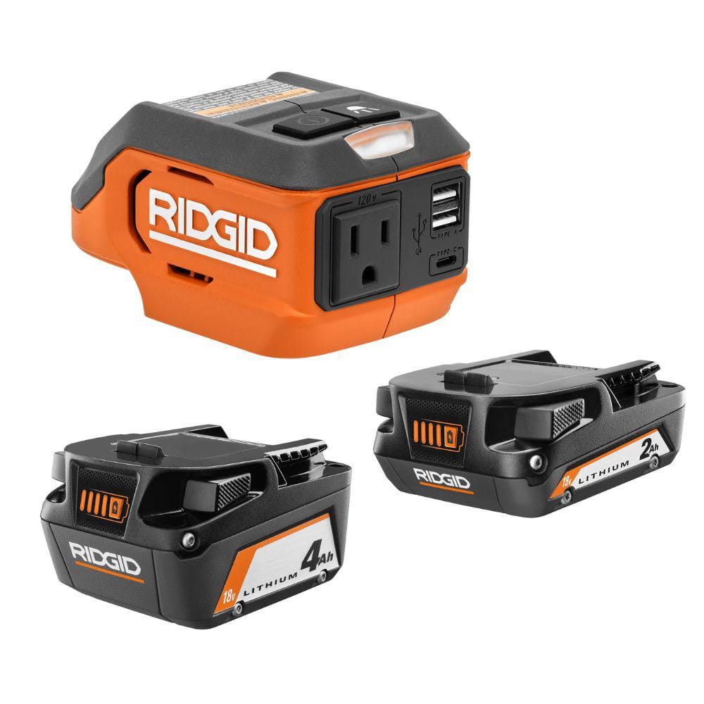 RIDGID 18V Lithium-Ion 4.0 Ah Battery and 2.0 Ah Battery with 18V Cordless  175-Watt Power Inverter AC87004-AC8400802-AC86097 - The Home Depot