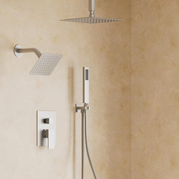 YAWWALK 3-Spray Ceiling Mount 10 and 6 in. Dual Shower Head and Handheld Shower Head in Brushed Nickel (Valve Included)