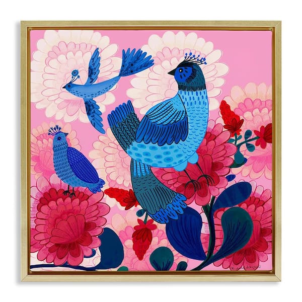 Stupell Industries Folk Birds on Dahlias by Kay Widdowson Gold Floater Frame Animal Graphic Art Print 25 in. x 25 in.