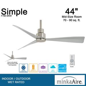 Simple 44 in. Indoor/Outdoor Brushed Nickel Wet Ceiling Fan with Remote Control