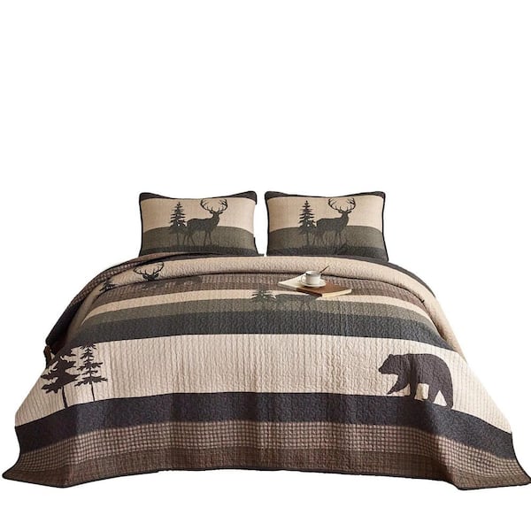CP328 Rustic Lodge Bear and Deer Forest Queen Size Cotton Quilt Bedspread Set