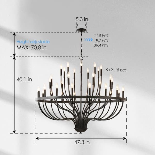 Jushua 36-Light Black Chandelier Industrial Iron Candle Chandelier