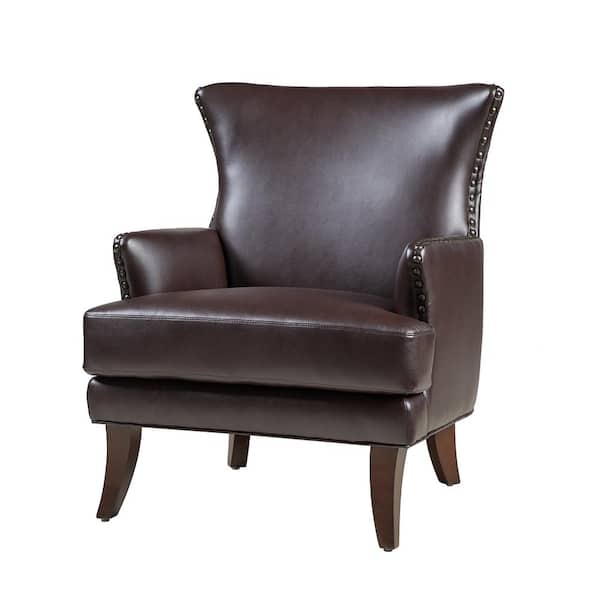 JAYDEN CREATION Bonnot Transitional Brown Faux Leather Wingback Armchair with Nailhead Trim and T-Cushion