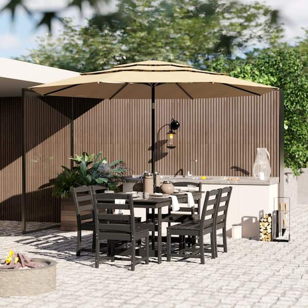 8-Piece Black HDPE Plastic Patio Outdoor Dining Set with 1-Rectangular Dining Table, 6 HDPE Chairs and Umbrella