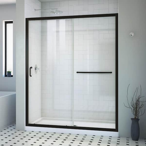 DreamLine Infinity-Z 60 in. W x 74.75 in. H Sliding Semi-Frameless Shower Door in Matte Black Finish with Clear Glass and Base